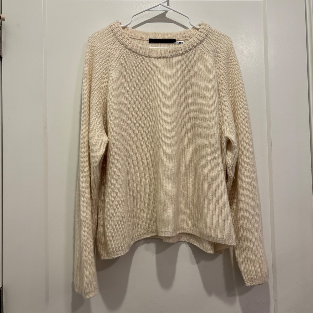 Jenni Kayne Everyday Sweater 2X Cream 100% Cashmere Ribbed Raglan Pullover
